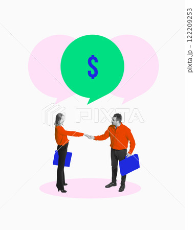 Business partners shaking hands, surrounded by colorful speech bubbles with dollar sign. Successful negotiations and partnerships. Conceptual art collage. 122209253