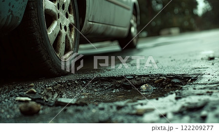 Close up of a car tyre next to a pothole in the road, with copy space 122209277