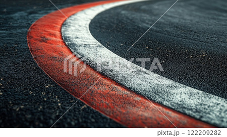 racing track curb with red and white stripes on textured asphalt, symbolizing speed and precision. 122209282