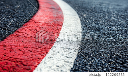 racing track curb with red and white stripes on textured asphalt, symbolizing speed and precision. 122209283