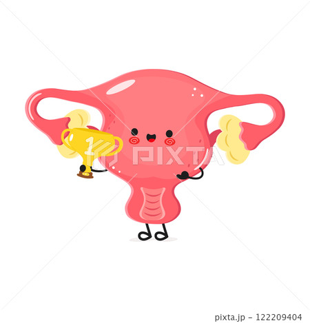 Cute smiling Uterus cartoon holding a golden trophy on white background 122209404