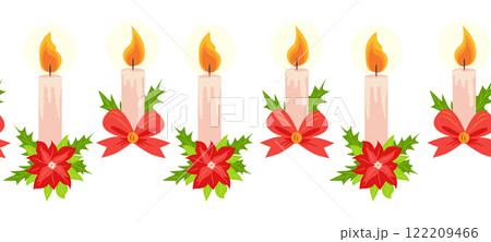 Merry Christmas seamless horizontal banner with candles, gnomes, Christmas wreath, snowman, mittens, cocoa mug Merry Christmas seamless horizontal banner with candles, gnomes, Christmas wreath, snowman, mittens, cocoa mug 122209466