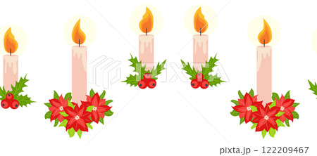 Merry Christmas seamless horizontal banner with candles, gnomes, Christmas wreath, snowman, mittens, cocoa mug 122209467