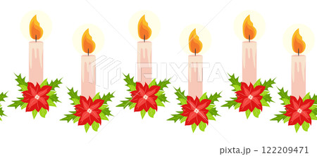 Merry Christmas seamless horizontal banner with candles, gnomes, Christmas wreath, snowman, mittens, cocoa mug 122209471