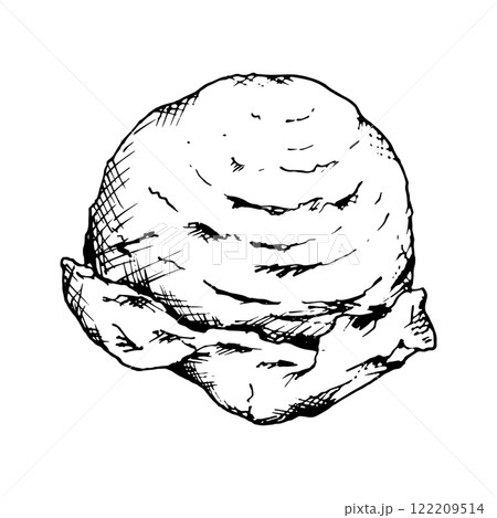 Black and white detailed illustration of a single scoop of ice cream, drawn in an artistic ink sketch style. Ideal for food designs, bakery menus, cookbooks, summer treats, or confectionery branding 122209514