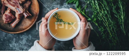 Hands Holding a Warm Bowl of Bone Broth with Herbs Hands Holding a Warm Bowl of Bone Broth with Herbs 122209595