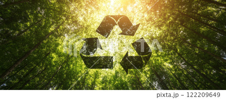 Recycling symbol over green forest with sunlight 122209649