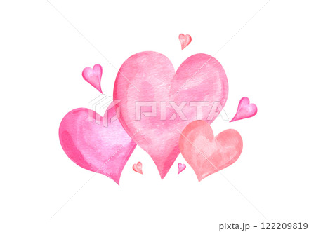 Watercolor pink red hearts illustration isolated background. Romantic delicate decorative composition for women day package design, Valentine day greeting card, wedding invitation Watercolor pink red hearts illustration isolated background. Romantic delicate decorative composition for women day package design, Valentine day greeting card, wedding invitation 122209819