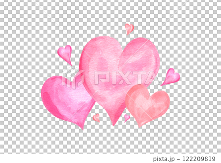 Watercolor pink red hearts illustration isolated background. Romantic delicate decorative composition for women day package design, Valentine day greeting card, wedding invitation 122209819