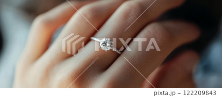 Close-Up of Elegant Diamond Solitaire Ring on Finger Close-Up of Elegant Diamond Solitaire Ring on Finger 122209843