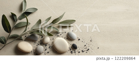Green Twig and Pebbles on Wavy Sand Texture 122209864