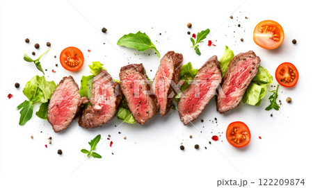 Grilled Beef Steak on Fresh Salad with Vegetables 122209874