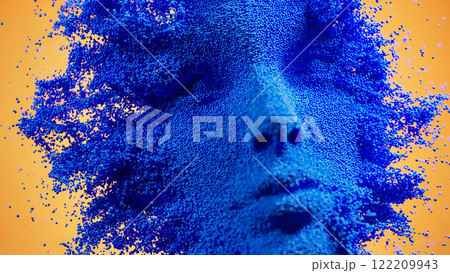 Ethereal Fragmentation: A Blue-Hued Human Face on Vibrant Orange 122209943