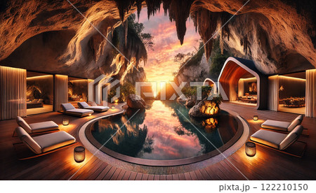 夕暮れの洞窟風ラグジュアリープールオアシス：自然とモダンデザインの調和 122210150