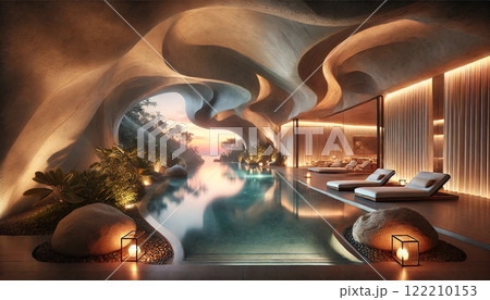 夕暮れの洞窟風ラグジュアリープールオアシス：自然とモダンデザインの調和 122210153