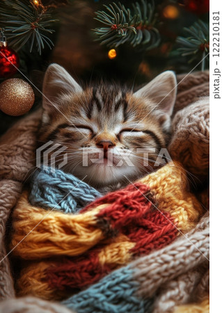 Cozy kitten sleeping in a colorful scarf among...のイラスト素材 [122210181