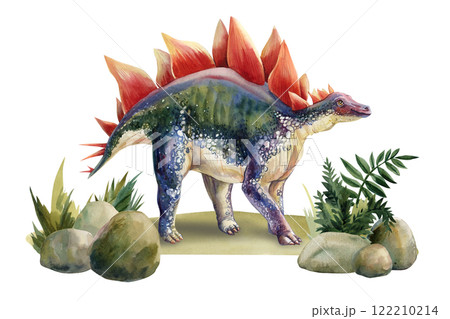 stegosaurus dinosaur illustration set isolated on background, hand-painted dino art vintage watercolor style. Dinosaurs stegosaurus dinosaur illustration set isolated on background, hand-painted dino art vintage watercolor style. Dinosaurs 122210214