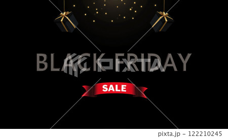 Black Friday Sale Extravaganza: Gift Boxes and Confetti Celebration. Festive Shopping Event with Colorful Ribbons and Glittering Promotional Display. 122210245