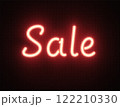 Glowing Neon SALE Sign in Supermarket Bright Red Light Illuminating Shopping Aisles at Night 122210330