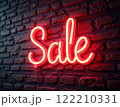 Glowing Neon SALE Sign in Supermarket Bright Red Light Illuminating Shopping Aisles at Night 122210331