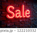 Glowing Neon SALE Sign in Supermarket Bright Red Light Illuminating Shopping Aisles at Night 122210332