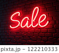 Glowing Neon SALE Sign in Supermarket Bright Red Light Illuminating Shopping Aisles at Night 122210333