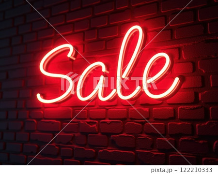 Glowing Neon SALE Sign in Supermarket Bright Red Light Illuminating Shopping Aisles at Night 122210333