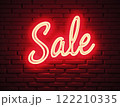 Glowing Neon SALE Sign in Supermarket Bright Red Light Illuminating Shopping Aisles at Night 122210335