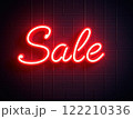 Glowing Neon SALE Sign in Supermarket Bright Red Light Illuminating Shopping Aisles at Night 122210336