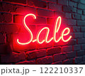 Glowing Neon SALE Sign in Supermarket Bright Red Light Illuminating Shopping Aisles at Night 122210337