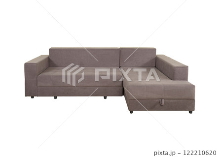 Gray corner sofa with velor fabric pillows isolated on a white background. Cushioned furniture. Gray corner sofa with velor fabric pillows isolated on a white background. Cushioned furniture. 122210620