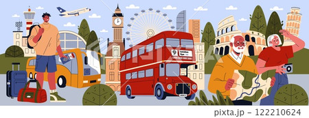 Eurotour concept. This illustration captures the essence of travel across Europe, featuring iconic landmarks, modes of transport, and diverse travelers. The vibrant scene shows an airport, a double 122210624