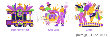 Mardi Gras celebration scene featuring a decorative float, a famous king cake, and lively dancers. The concept embodies the vibrant culture and traditions of New Orleans festivities with colorful 122210634