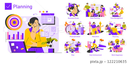 Planning concept. This illustration embodies various aspects of planning, including time management, goal achievement, and motivation. It highlights overcoming procrastination and fostering work 122210635