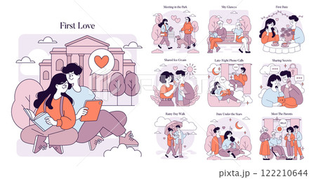 First Love set. Capturing the essence of young love through various heartfelt moments and experiences shared by couples. Memories of meeting in parks, sharing ice cream, and late-night conversations First Love set. Capturing the essence of young love through various heartfelt moments and experiences shared by couples. Memories of meeting in parks, sharing ice cream, and late-night conversations 122210644