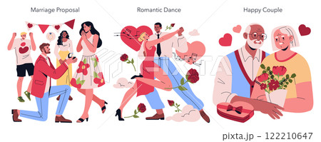 Valentine Day celebration set. Love is portrayed through meaningful moments like marriage proposals, romantic dances, and the warmth of happy couples. These scenes capture the essence of affection and 122210647