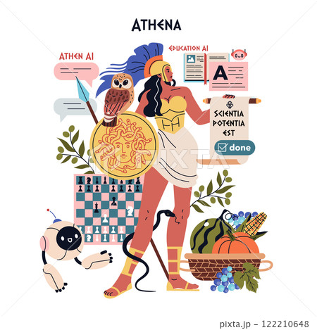 Olympic Gods Synergy AI concept. Athena merges ancient wisdom with modern AI technology. Olive branch, chess, and robotic owl symbolize knowledge. Vector illustration. Olympic Gods Synergy AI concept. Athena merges ancient wisdom with modern AI technology. Olive branch, chess, and robotic owl symbolize knowledge. Vector illustration. 122210648