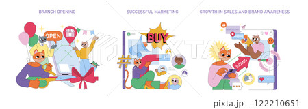 Business growth key stages illustrated. It includes branch opening festivities, marketing strategies, and brand awareness achievements. Engaging characters depict the success of these endeavors in a 122210651