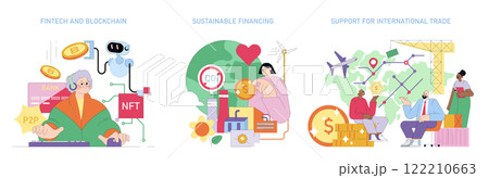 Fintech applications and blockchain technology for modern banking. Emphasis on sustainable financing initiatives and support for international trade. Vector illustration. Fintech applications and blockchain technology for modern banking. Emphasis on sustainable financing initiatives and support for international trade. Vector illustration. 122210663