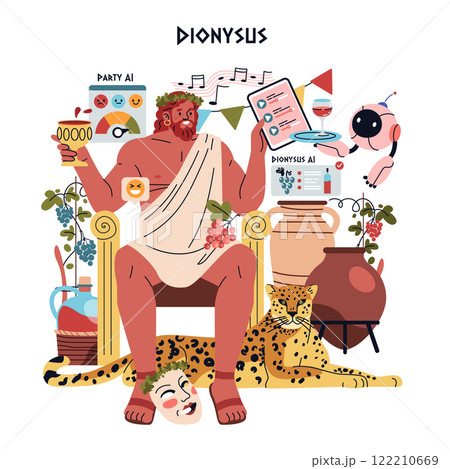 Olympic Gods Synergy AI concept. Dionysus bonds with modern technology, surrounded by classic symbols of revelry and a cheerful robot assistant. Vector illustration. 122210669