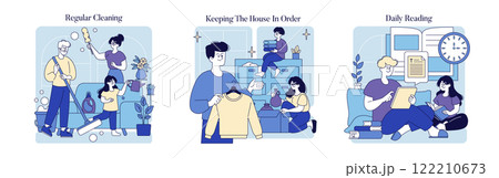 Lifestyle illustration set. Daily routines showcasing regular cleaning, organization, and reading habits are essential for balanced living. These activities promote mental wellness, cleanliness, and 122210673