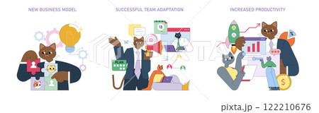 Business Cat innovation concept. Focus on new models and adaptive strategies in teams leading to enhanced efficiency. Seamless collaboration drives productivity and success in diverse environments 122210676