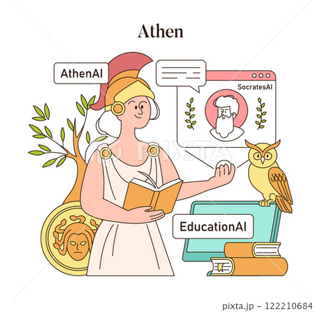 Olympic Gods AI Education concept. Athena integrates technology with wisdom, featuring an owl and ancient Greek motifs. Vector illustration. 122210684