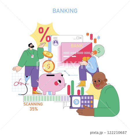 Banking concept. Financial management involving saving, digital transactions, interest calculation, and money security. Features credit cards, data graphs, and online banking processes. Vector 122210687