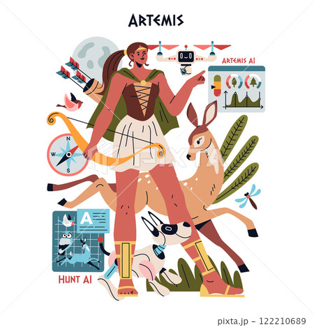 Olympic Gods Synergy AI concept. Artemis integrated with modern artificial intelligence. Greek mythology meets advanced technology. Vector illustration. 122210689