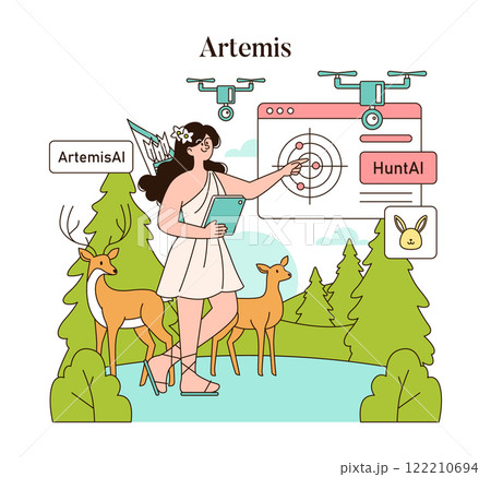 Olympic Gods Synergy AI concept. Artemis merges technology with nature, illustrating a modern approach to ancient mythology. Vector illustration. 122210694