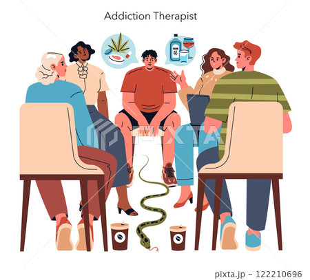 Addiction therapy session concept. Diverse group in counseling for substance abuse. Recovery support, mental health care, and guidance. Vector illustration. 122210696