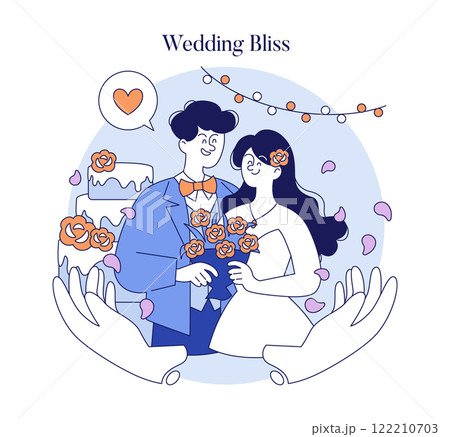 Wedding Bliss concept. A bride and groom share a loving moment surrounded by roses and a cake, encapsulated by caring hands. Vector illustration. 122210703