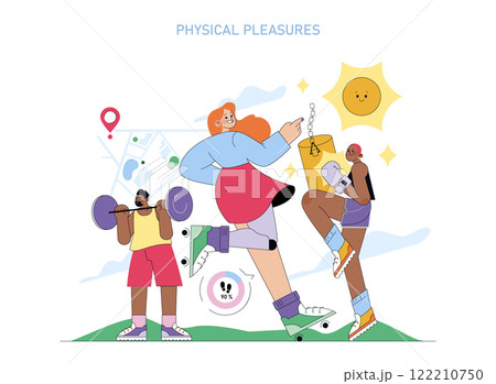 Human Values concept. People engaging in different sports and leisure activities with joy and enthusiasm. Daily life enjoyment and physical health. Vector illustration. Human Values concept. People engaging in different sports and leisure activities with joy and enthusiasm. Daily life enjoyment and physical health. Vector illustration. 122210750