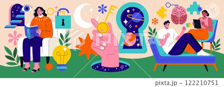 Logotherapy concept. Focuses on finding meaning in life challenges and experiences. Illustrates individuals engaging with ideas of self-discovery, unlocking potential, and mental health. Vector 122210751